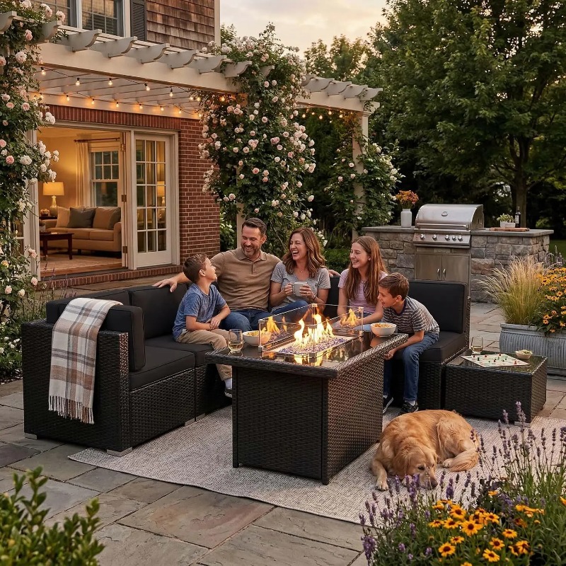 Outdoor Furniture And Fire Pit - Set Divano Sezionale in Vimini da